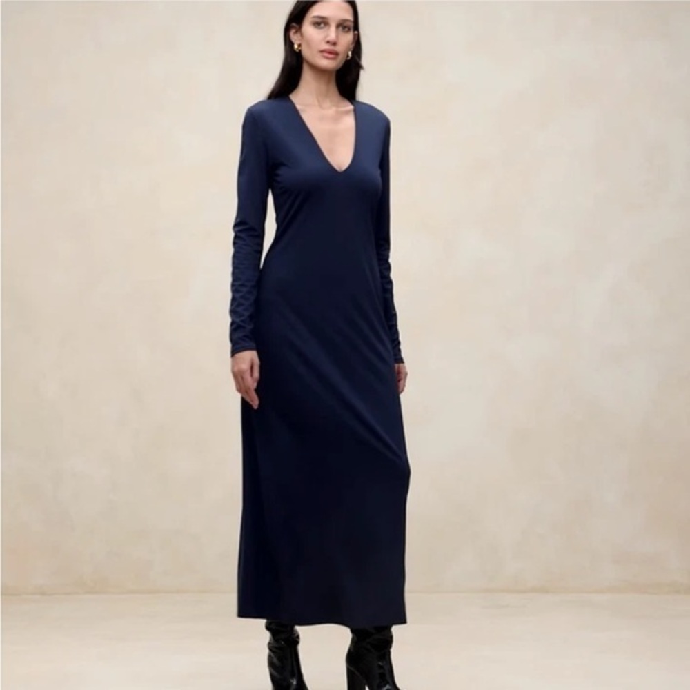Banana Republic Lola Long Sleeve V-Neck Maxi Jersey Dress Women’s XS Navy Blue